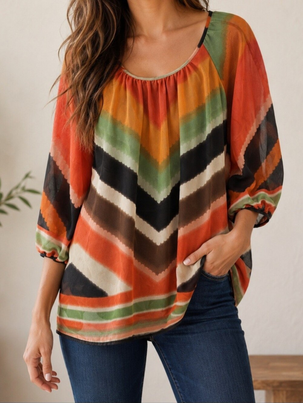 Southwestern urban boho chic sheer blouse large watercolor artsy balloon sleeve